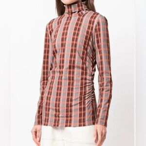 NEW TANYA TAYLOR Red Shelby Grid Print Organic Cotton Turtleneck Top XS
